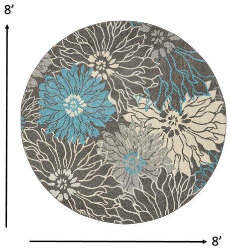 8 Round Charcoal and Blue Big Flower Area Rug