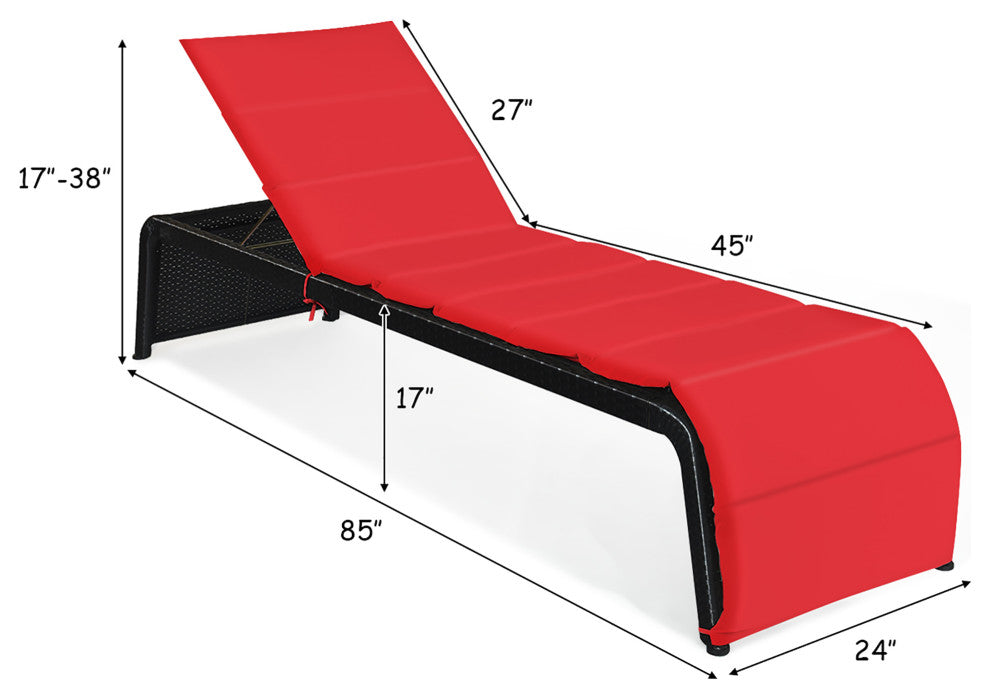 Costway Patio Rattan Lounge Chair Chaise Recliner Back Adjustable Cushioned Red
