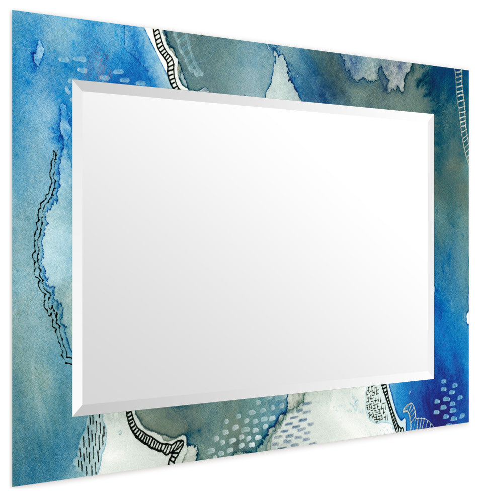 "Subtle Blues" Beveled Mirror on Printed Abstarct Tempered Art Glass, 40x30"