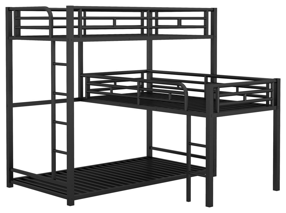 Gewnee L-shaped Metal Triple Twin Size Bunk Bed in Black