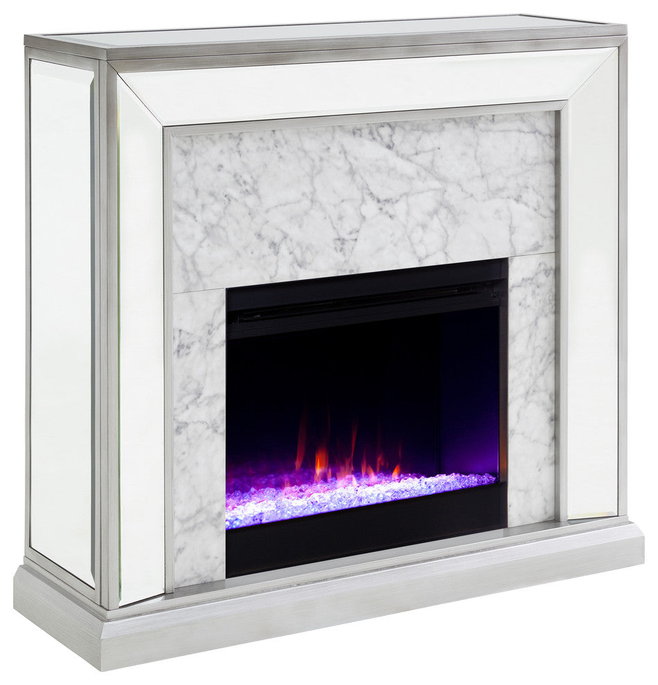 Trason Mirrored Faux Stone Fireplace with Color Changing Firebox, Silver