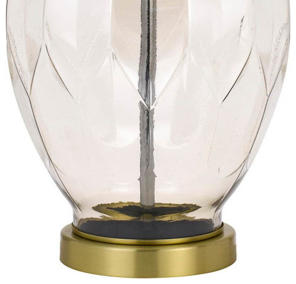 29 Inch Glass Table Lamp with Dimmer, Round, Clear and Brass