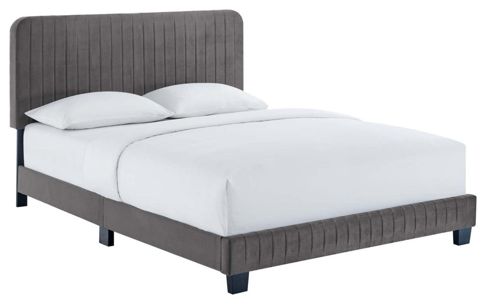 Tufted Platform Bed Frame, Twin Size, Velvet, Grey Gray, Modern Contemporary