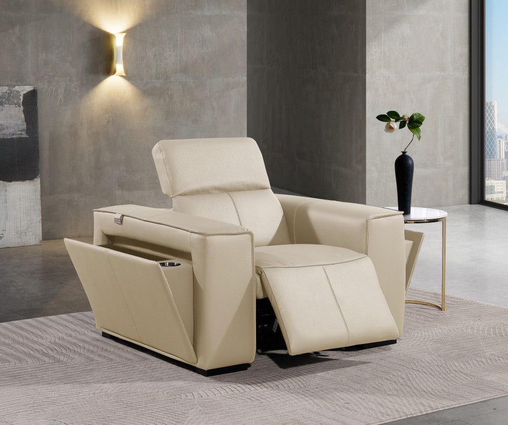 Niccolo Italian Leather Power Reclining Arm Chair With Power Headrests, Beige