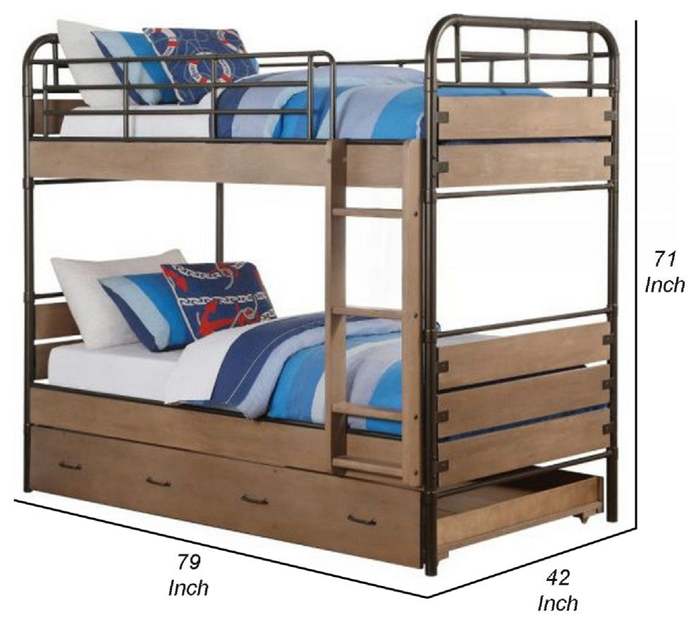 Benzara BM269015 Twin Over Twin Bunk Bed With Trundle & Guardrails, Rustic Brown