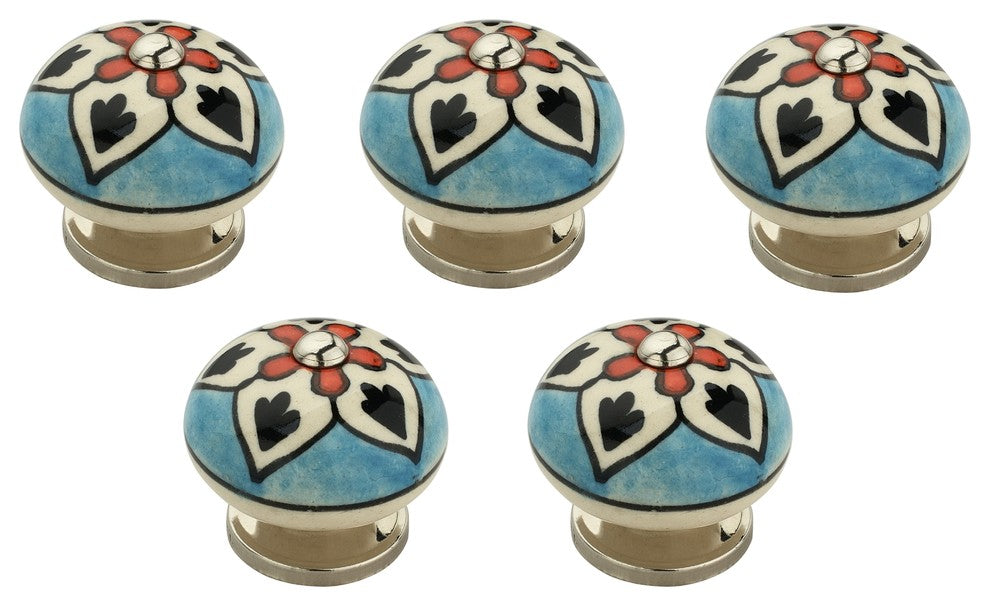 Flower 1-5/8", 42mm,  Blue and Multicolor Cabinet Knob, Pack of 5