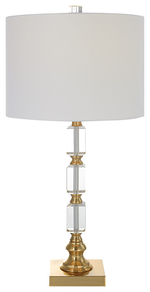 Benzara BM277033 29" Metal Table Lamp, Stacked Crystals, Antique Brass, White