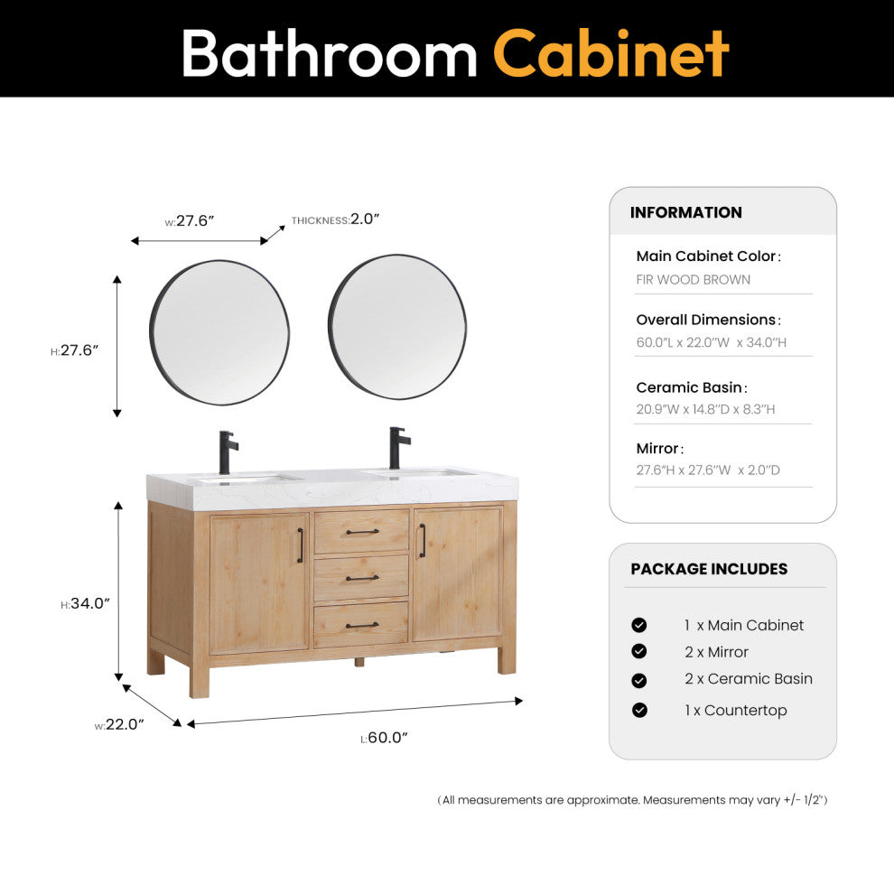 Leon Bath Vanity With Composite Stone Top, Fir Wood Brown, 60" Double Sink, With Mirror