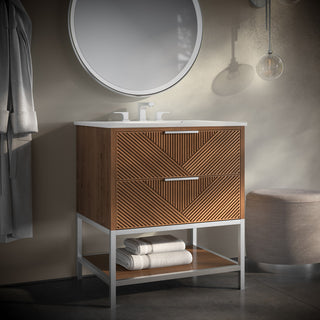 Diamond 30" Bath Vanity, Walnut/Brushed Nickel, 30", White Quartz Top