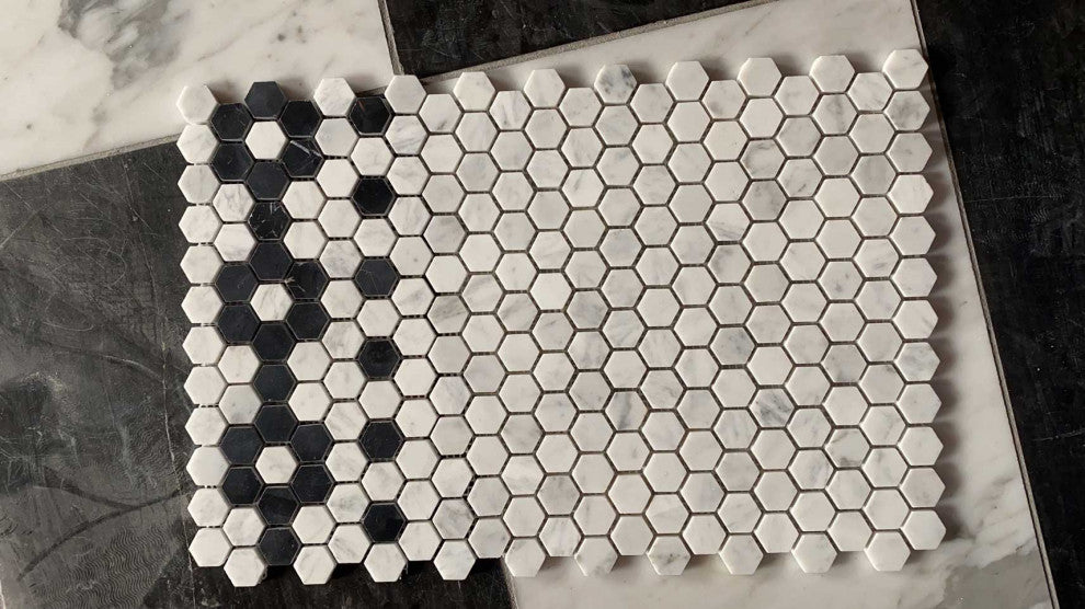 Carrara White Marble Hexagon Mosaic Border Flower Tile Polished 1", 1 sheet