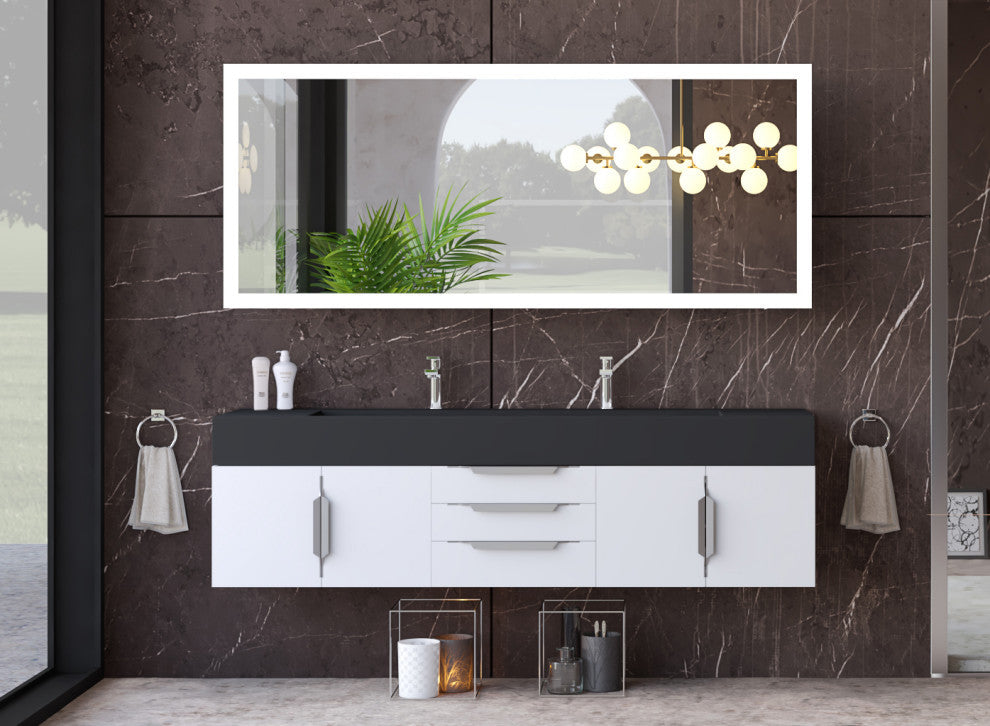 CastelloUSA Nile 72" Wall Mounted Bathroom Vanity Set, White, Black Top, Chrome Handles
