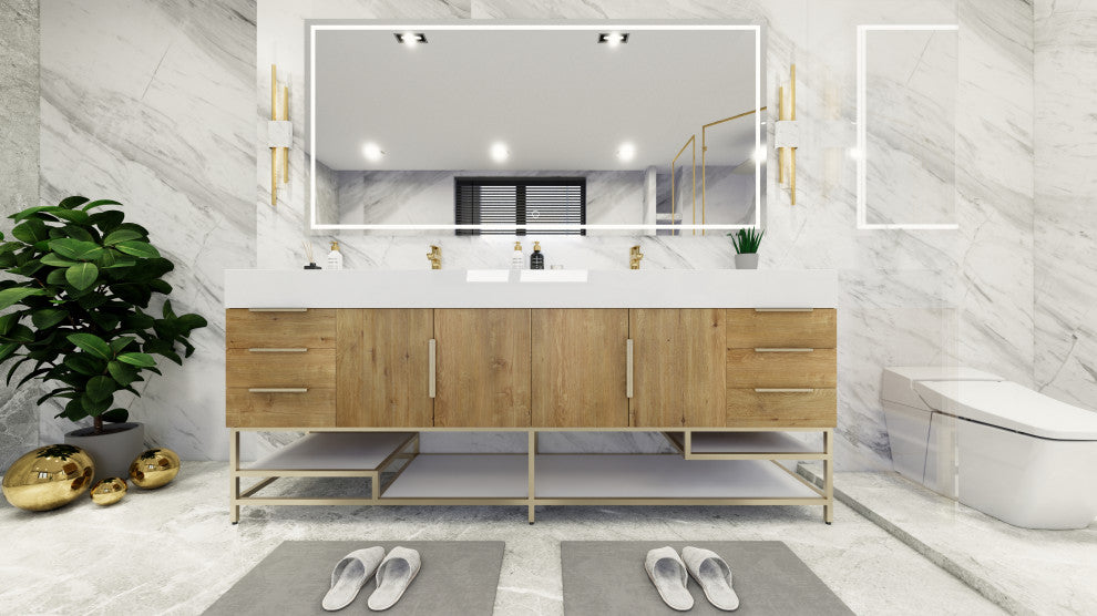 Madison 84" Free Standing Double Sink Vanity with Reinforced Acrylic Sink, Oak