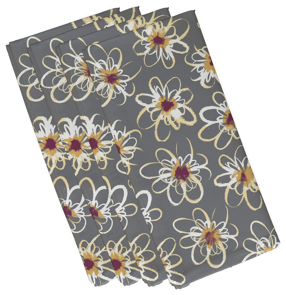 Penelope Floral, Geometric Print Napkin, Gray, Set of 4