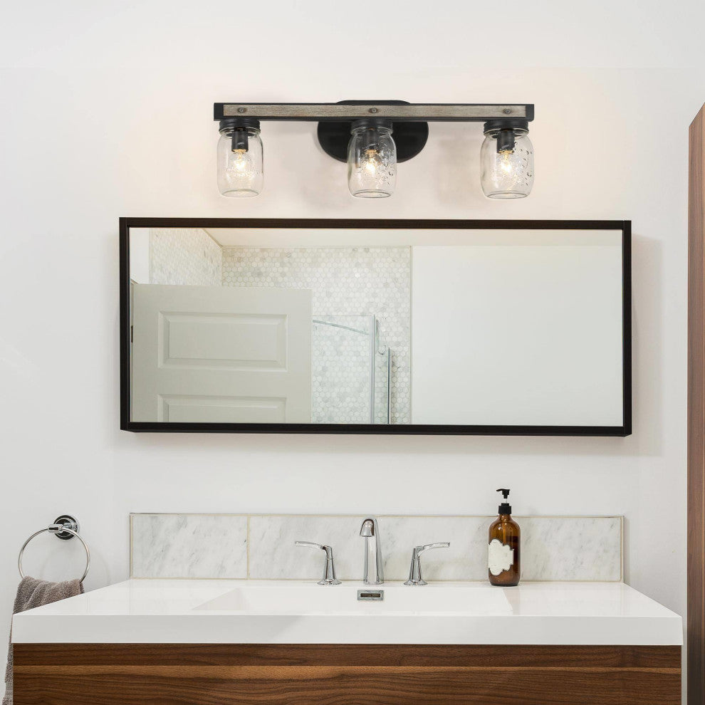 LNC Farmhouse 3-Light Bathroom Vanity Light with Mason Jar Shade and Wood Accent