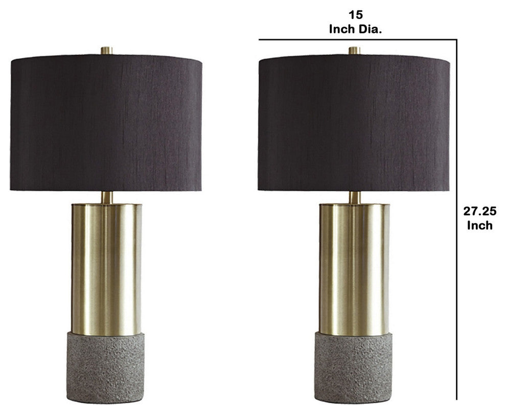 Benzara BM230945 Faux Concrete and Metal Base Table Lamp, Set of 2, Brass & Gray
