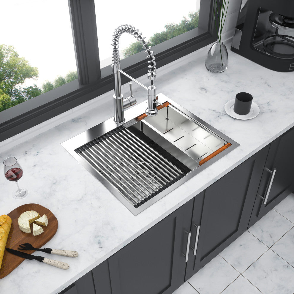 Topmount Workstation Drop In Stainless Steel Single Bowl Kitchen Sink 25"