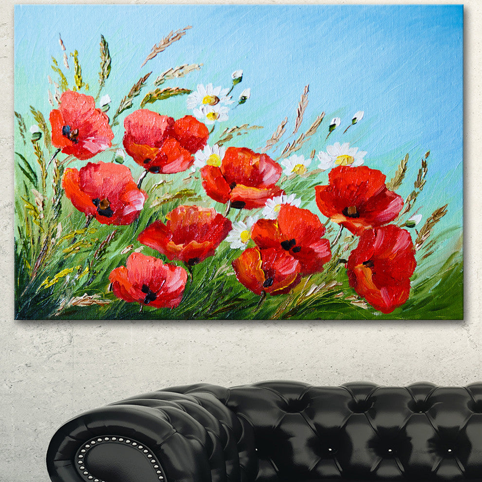 Poppies in Field against Blue Sky, Floral Canvas Art Print, 60"x28"