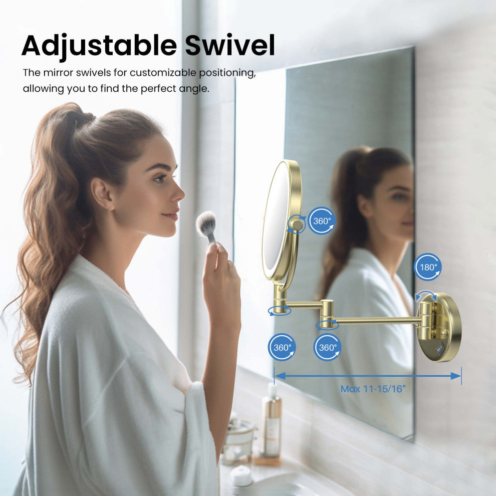 Circular LED Wall Mount Magnifying Make Up Mirror, Brushed Gold