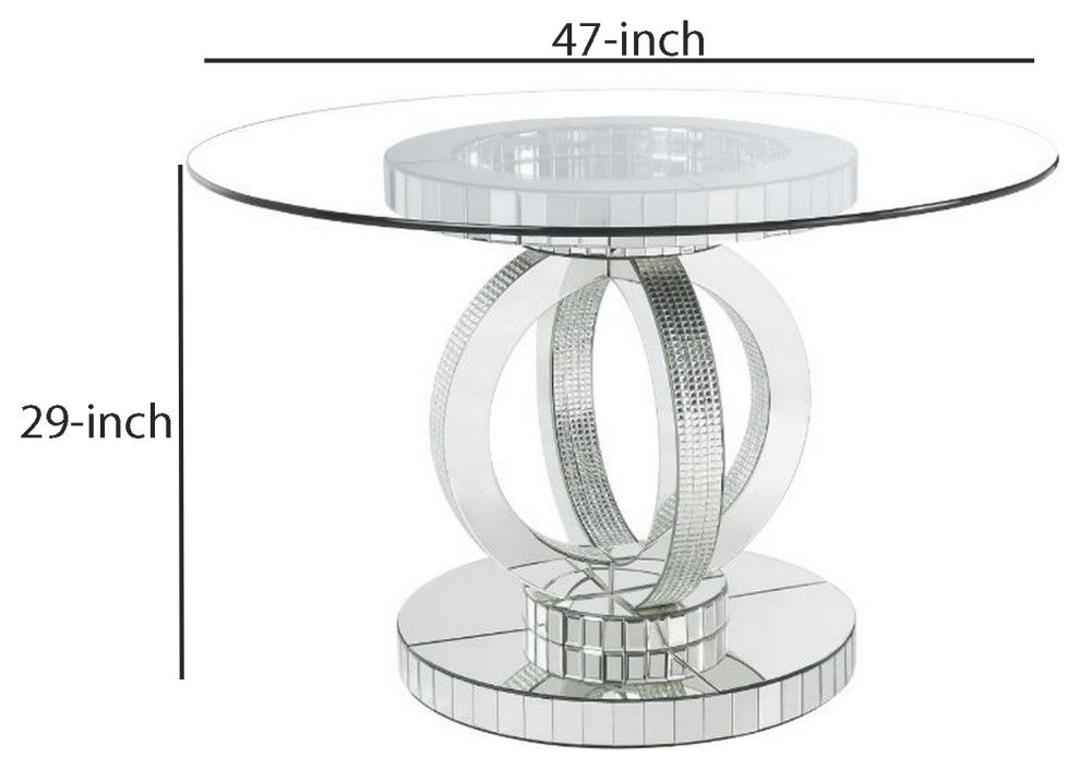 Benzara BM261677 Dining Table, Glass Top, Interloped Circular Mirror Base Silver