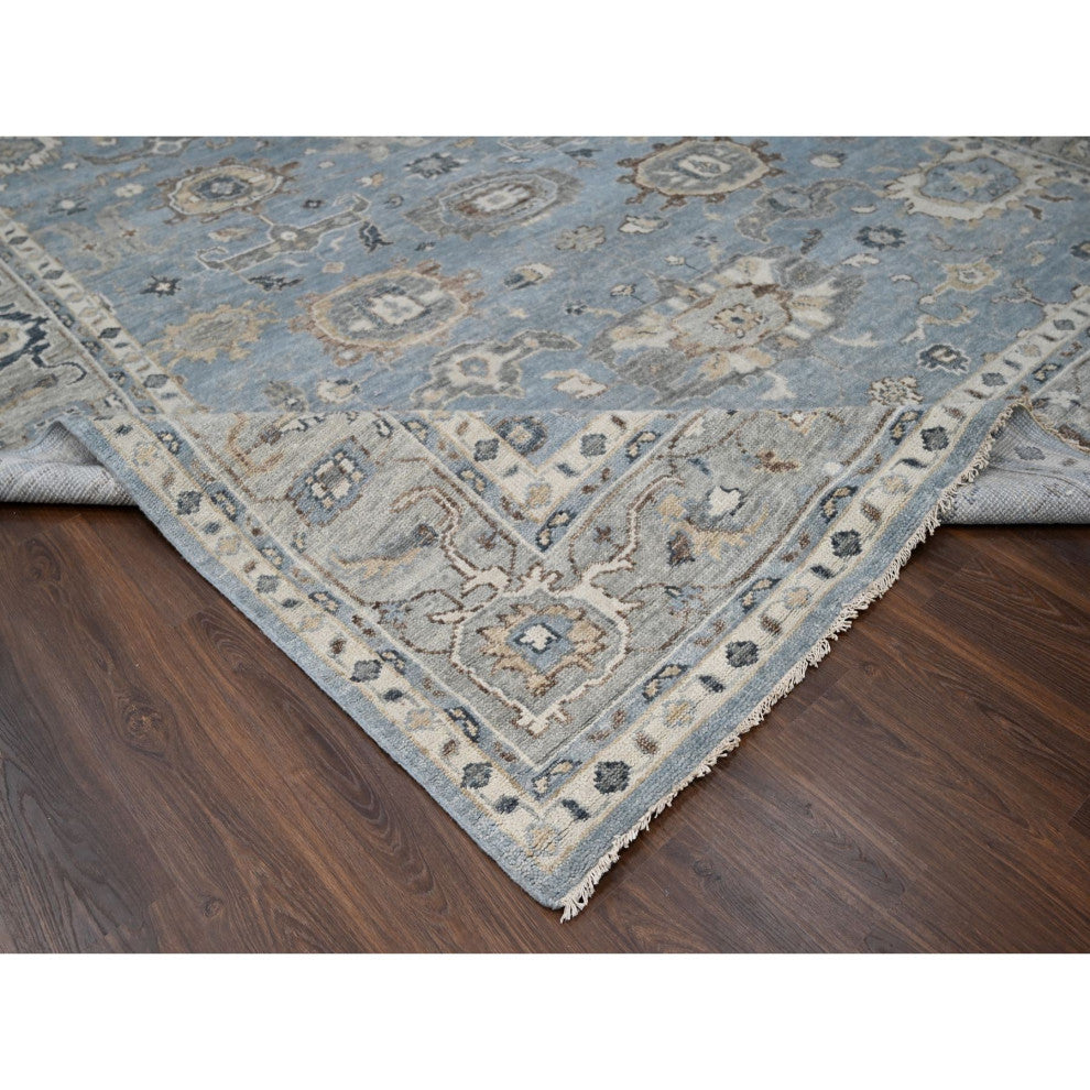 Silver Blue Wool Hand Knotted Oushak Design Oversized Oriental Rug 11'9"x14'10"