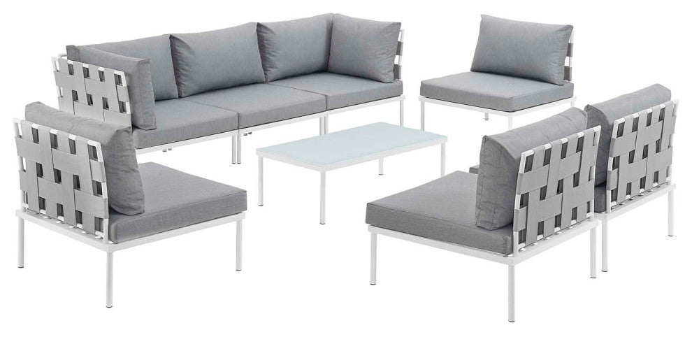Modway Harmony 8 Piece Outdoor Patio Aluminum Sectional Sofa Set, White Gray