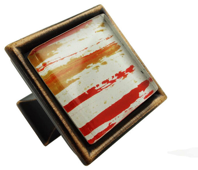 Hand Brushed Red Orange Streaks Crystal Glass Oil Rubbed Bronze Classic Knob