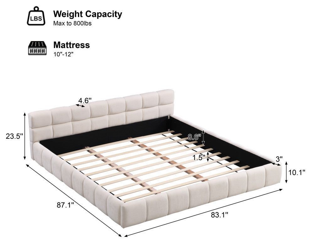 Alice Chenille Upholstered Platform Bed With Checkerboard Design, Beige, King