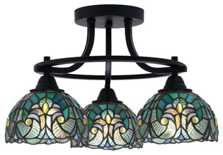 Paramount 3-Light Semi-Flush Light, Matte Black, 7" Turquoise Cypress Art Glass