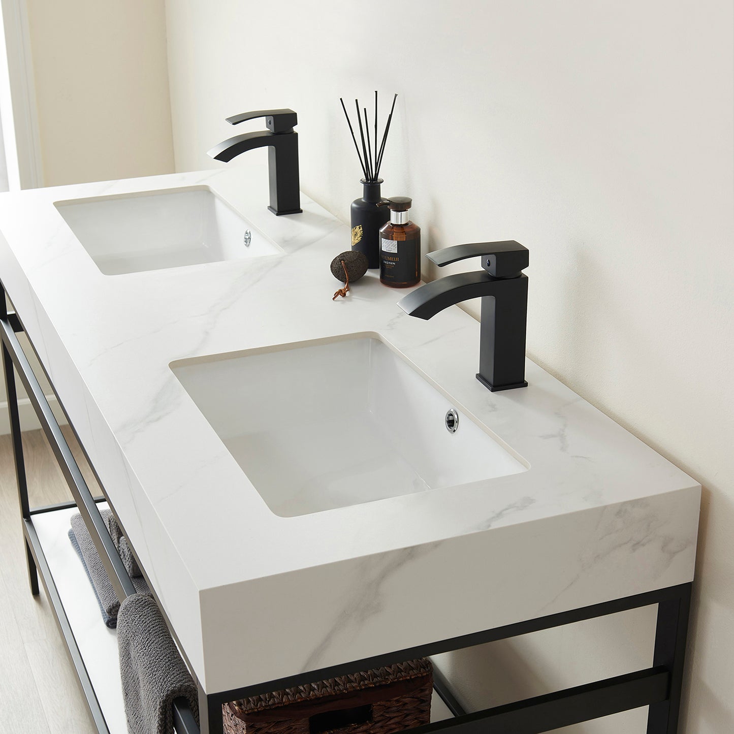 Funes Bath Vanity without Mirror, Matte Black Hardware, 60" Double Sink, White Stone Top