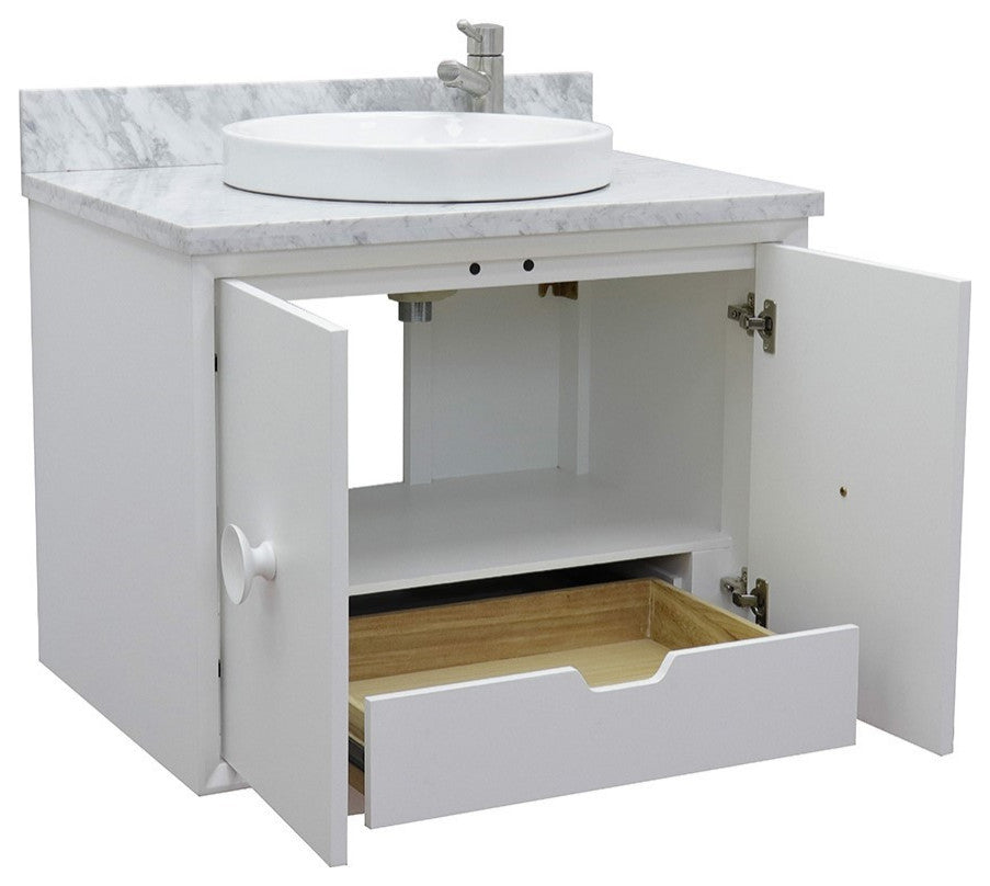 31" Single Wall Mount Vanity, White Finish With White Carrara Top