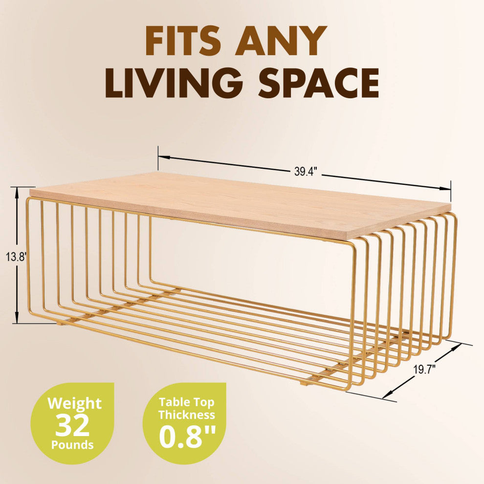 LeisureMod Walden Rectangular Coffee Table Powder Coated Steel Frame, Gold