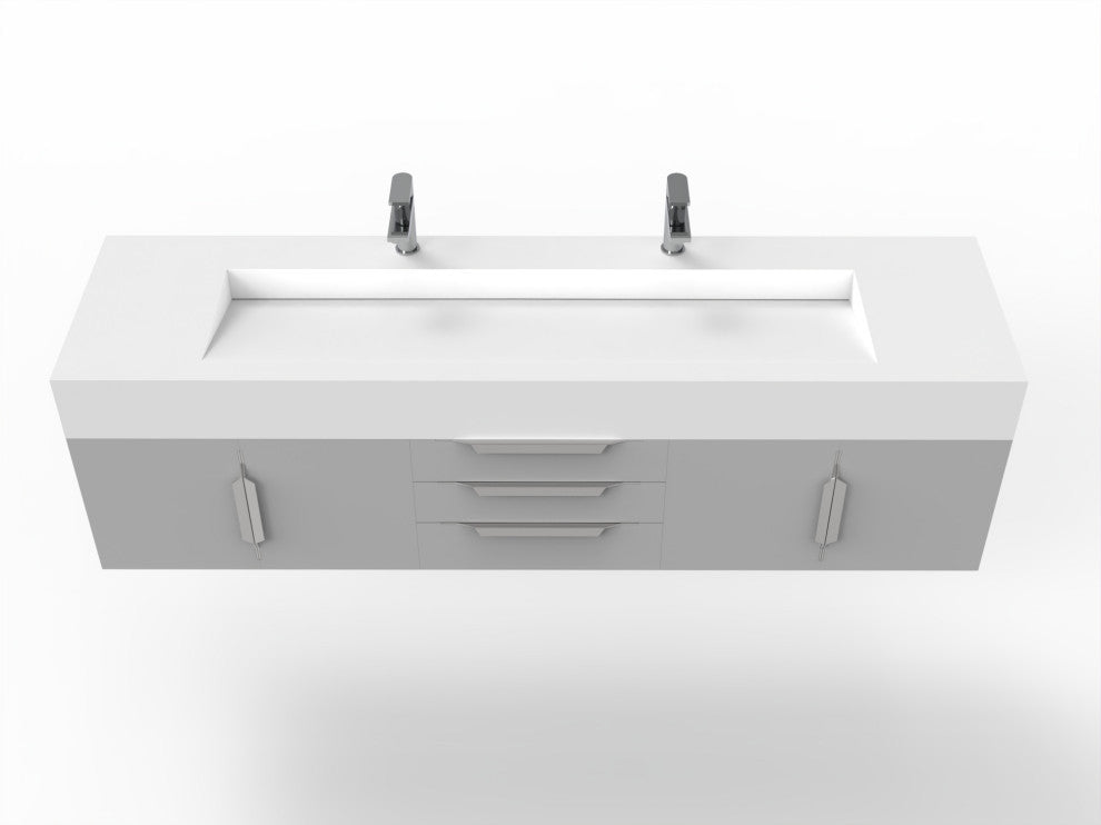 CastelloUSA Nile 72" Wall Mounted Bathroom Vanity Set, Gray, White Top, Chrome Handles