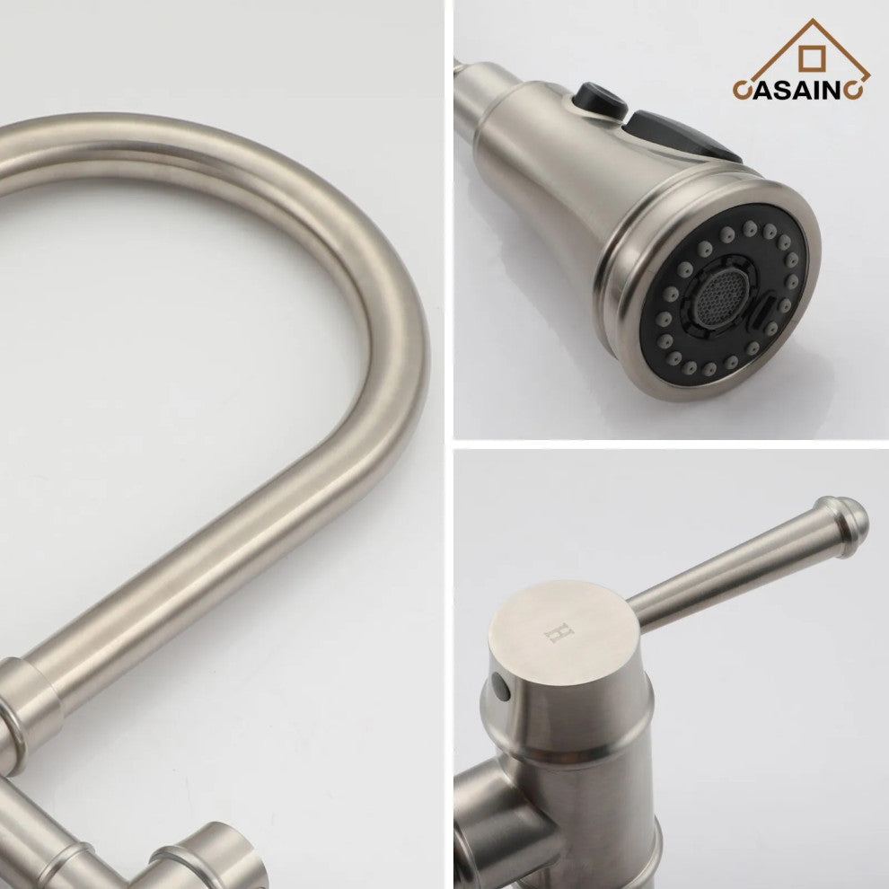 CASAINC Kitchen Faucet Centerset Bridge 3-Function 2-Handle Pull-Down Spray, Brushed Nickel