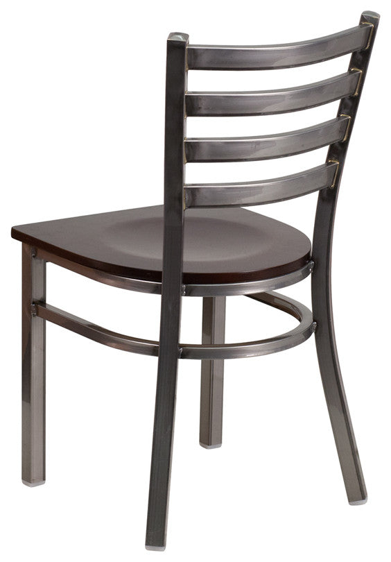 Clear Coated Ladder Back Metal Restaurant Chair, Walnut Wood Seat