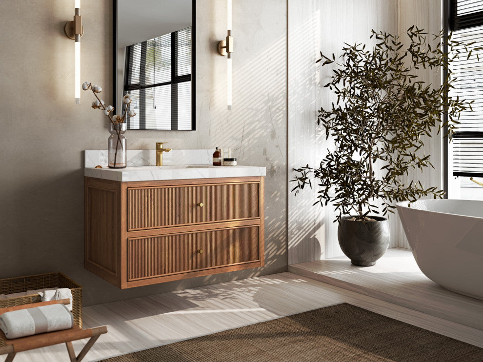 Sonoma Floating 36 Single Sink Vanity in Dark Natural with 2" Calacatta Nuvo