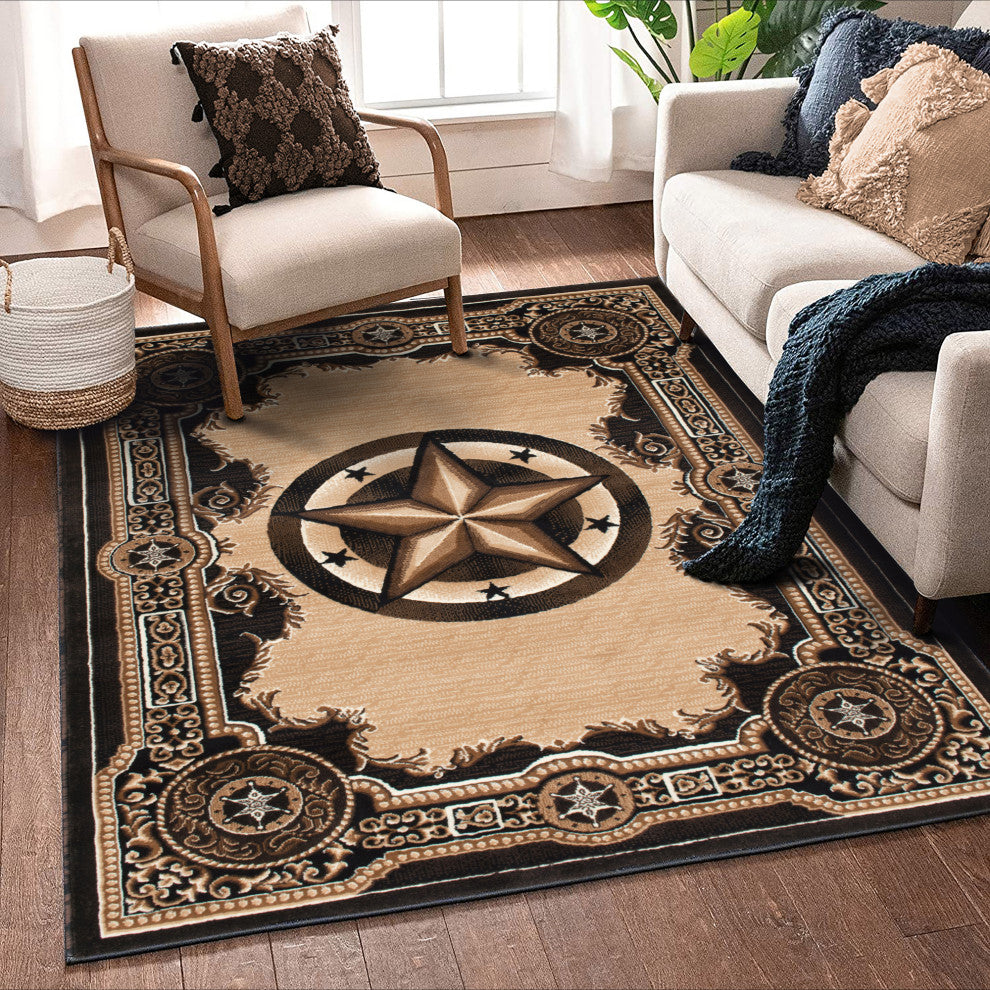 Allstar Western Area Rug Texas Star design, Black, 8x10