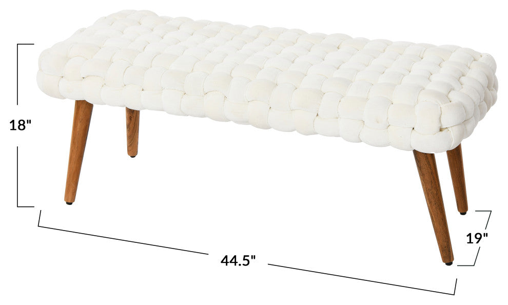 Wood and Woven Velvet Bench, Cream & Natural