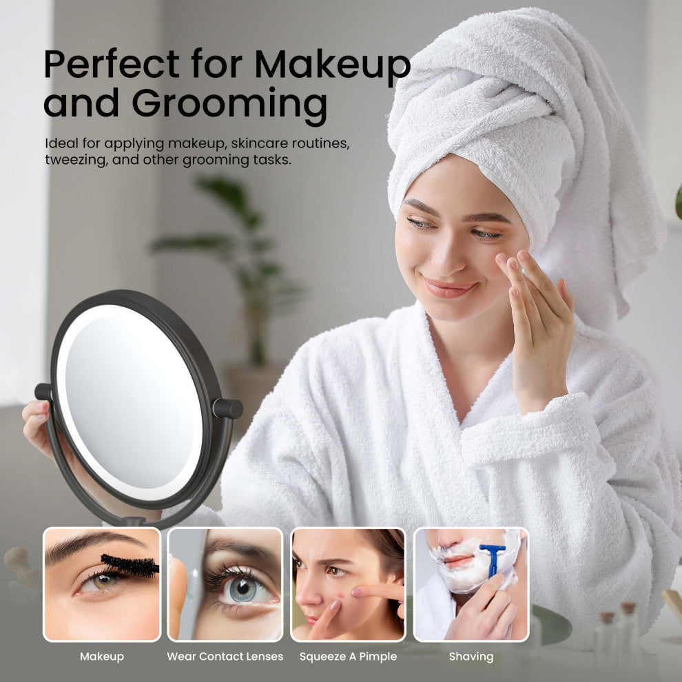 Circular LED Wall Mount Magnifying Make Up Mirror, Matte Black
