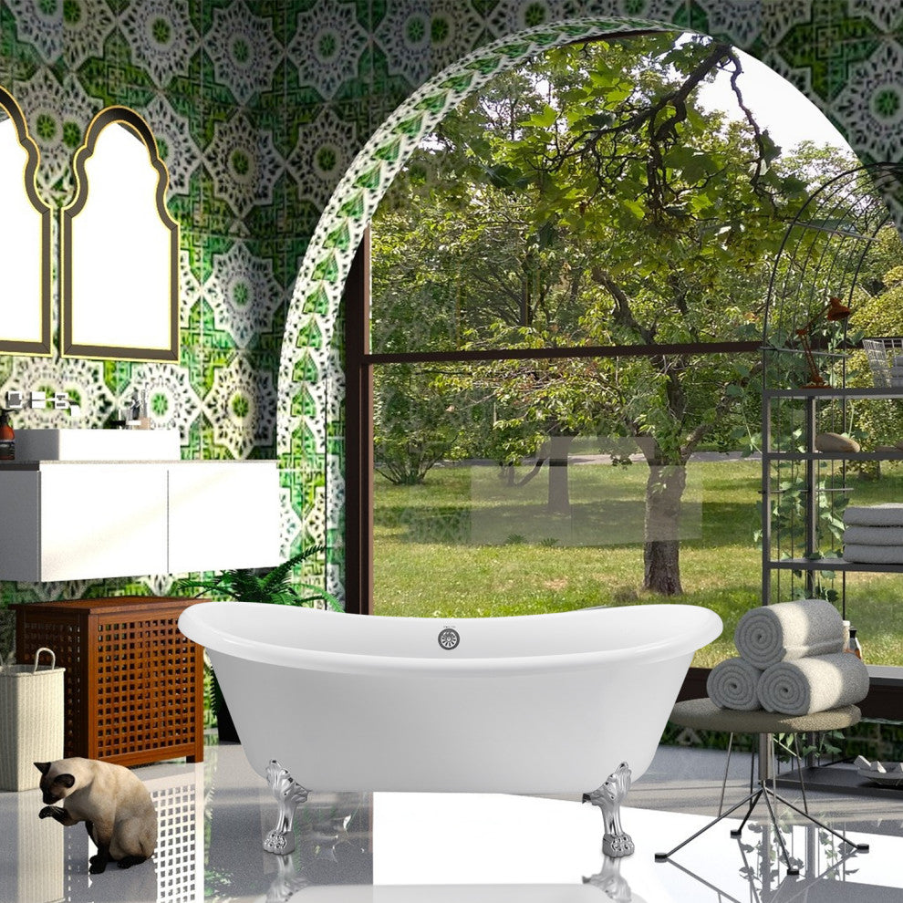 GivingTree 67" Acrylic Clawfoot Tub for Bathroom, Glossy White Soaking Tub