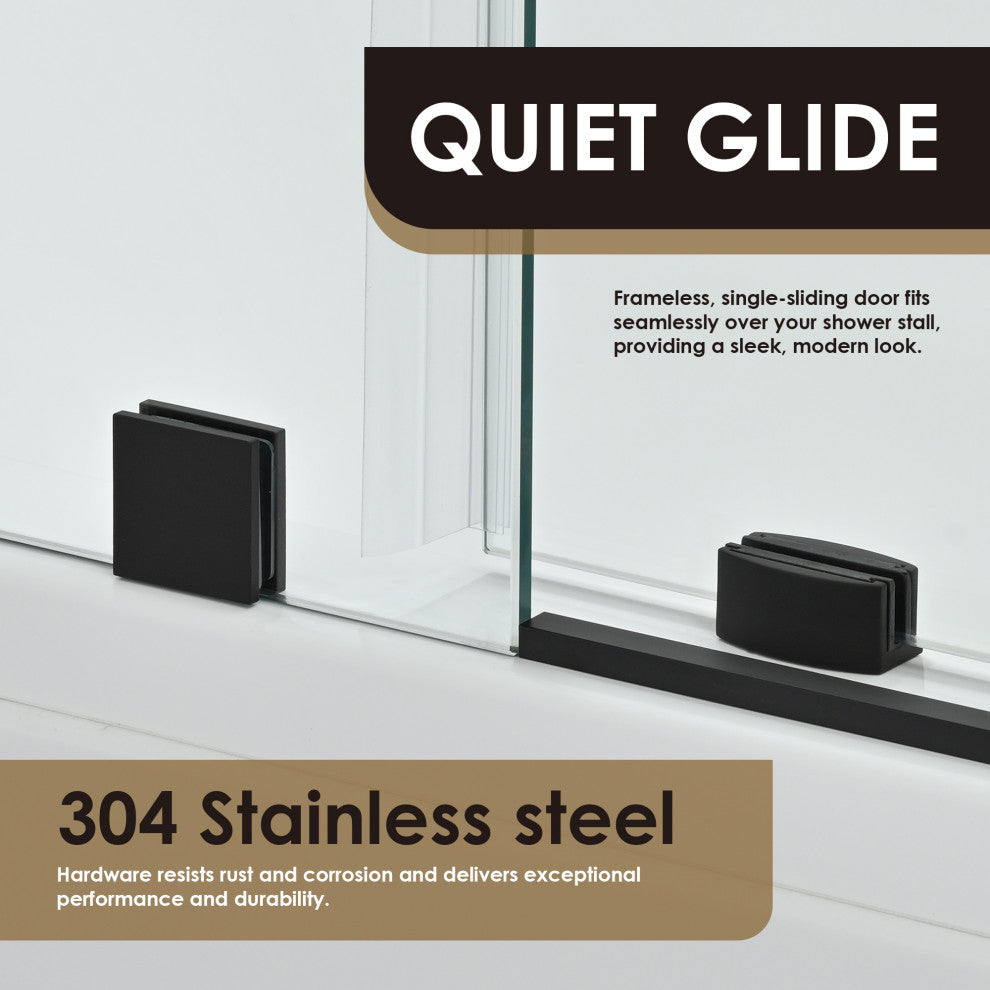 Lazaro Single Sliding Frameless Tub Door, Clear Glass, Matte Black, 60"wx58"h