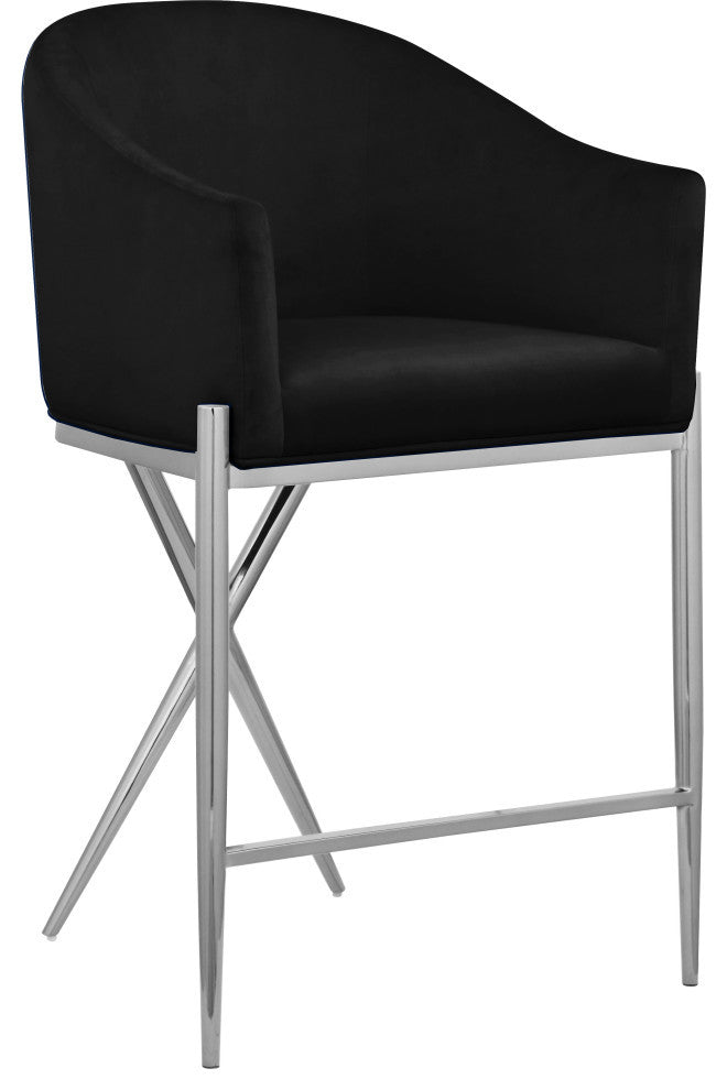 Xavier Velvet Upholstered Counter Height Stool, Black, Chrome Finish