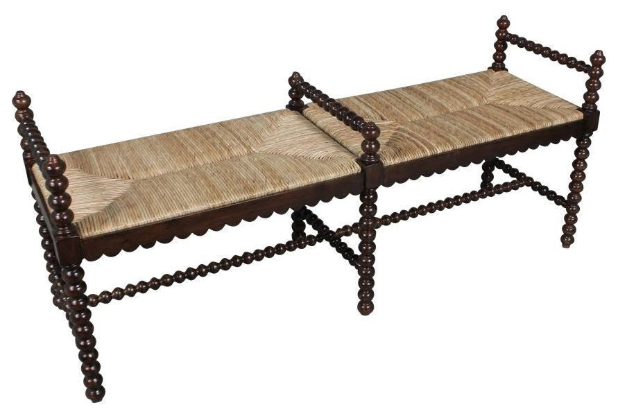 Isle of Man 60" Mahogany and Rush Accent Bench, Bobbin-Turned