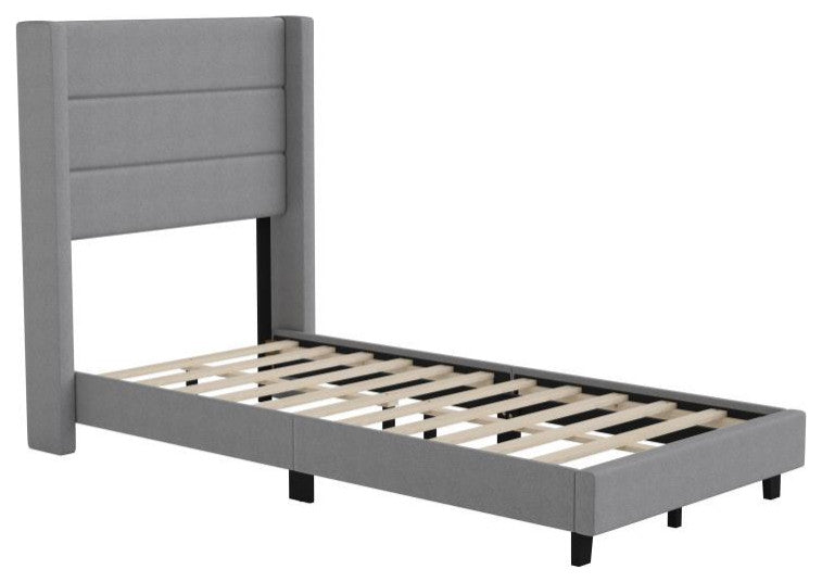 Hollis Upholstered Platform Bed with Wingback Headboard w/Mattress Foundation, Gray, Twin
