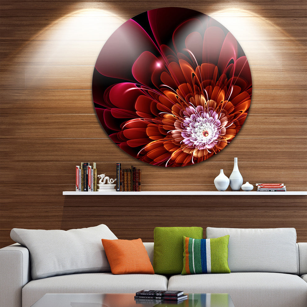 Fractal Red And Yellow Flower, Floral Digital Round Metal Wall Art, 11"