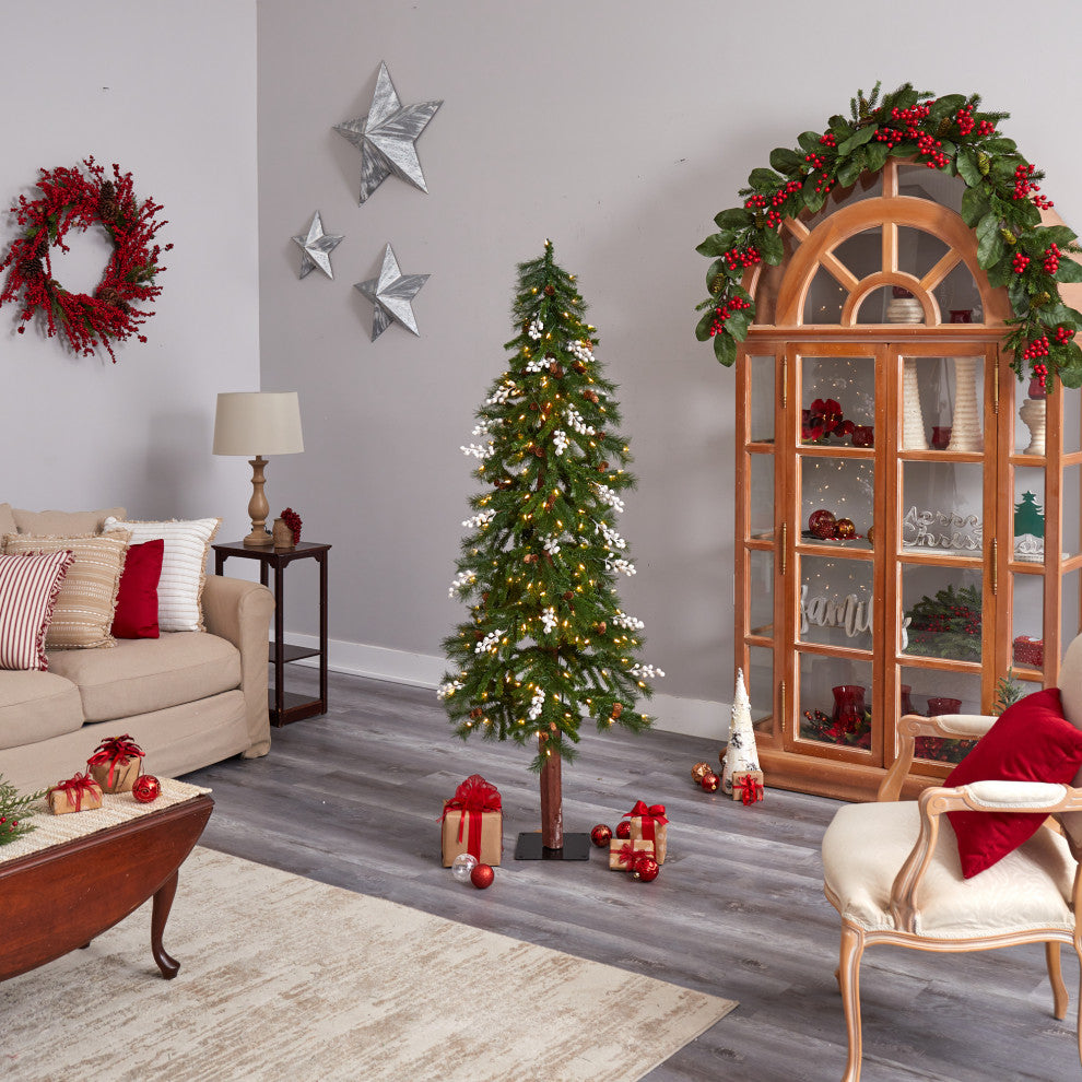 6' Alpine Faux Xmas Tree With Pinecones, Berries and 200 White Warm LED Lights