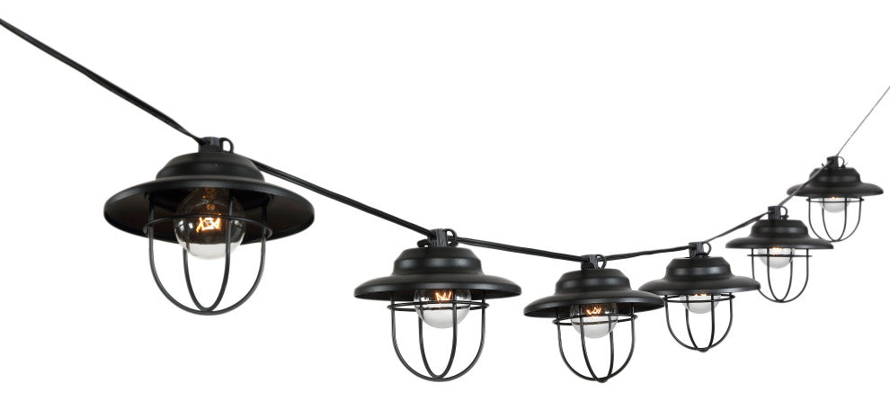 10-Light Indoor/Outdoor 10' Rustic G40 Metal Cage Shade String Lights, Black