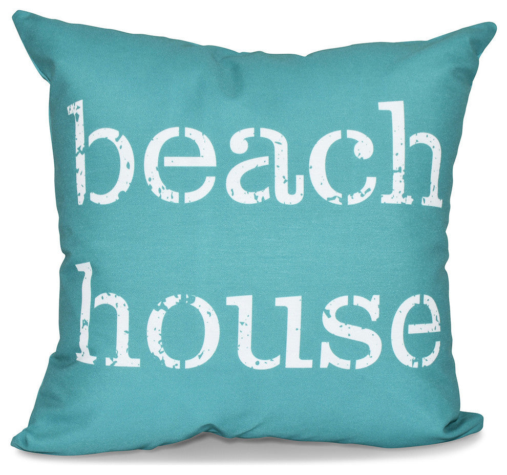 Beach House , Word Print Outdoor Pillow, Teal, 18"x18"