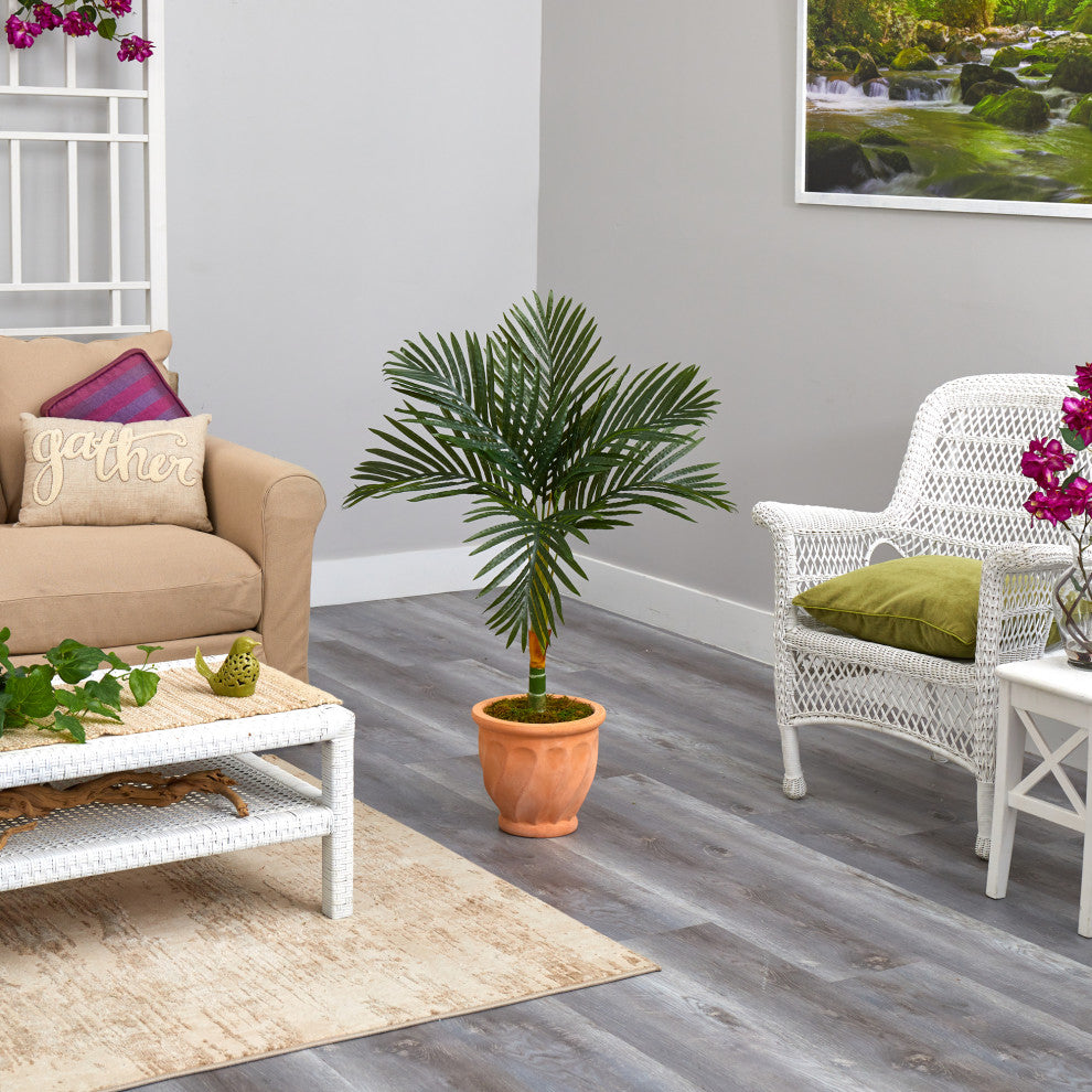 3.5' Golden Cane Artificial Palm Tree, Terra-Cotta Planter