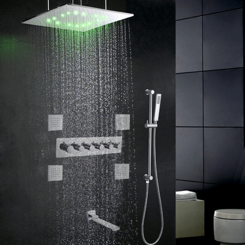 Mount Rainfall Shower System With Hand Shower and Jetted Body Sprays, With Led