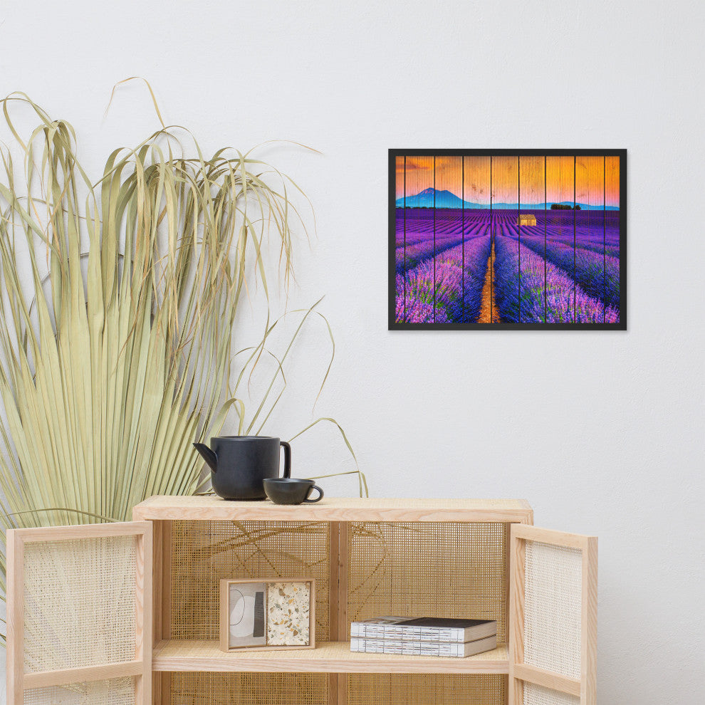 Faux Wood Lavender Fields and Sunset Landscape Framed Photo Paper Wall Art Print, Black, 18" X 24"
